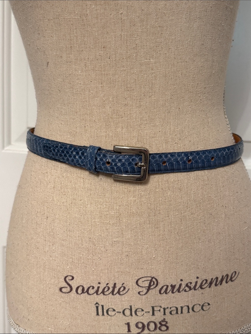 Garfinckel’s Blue Snakeskin skinny Belt with Silver Buckle Vintage Size M